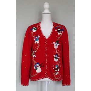 Vintage Snowmen Red Ugly Christmas Sweater DESIGNERS ORIGINALS STUDIO JOY Large